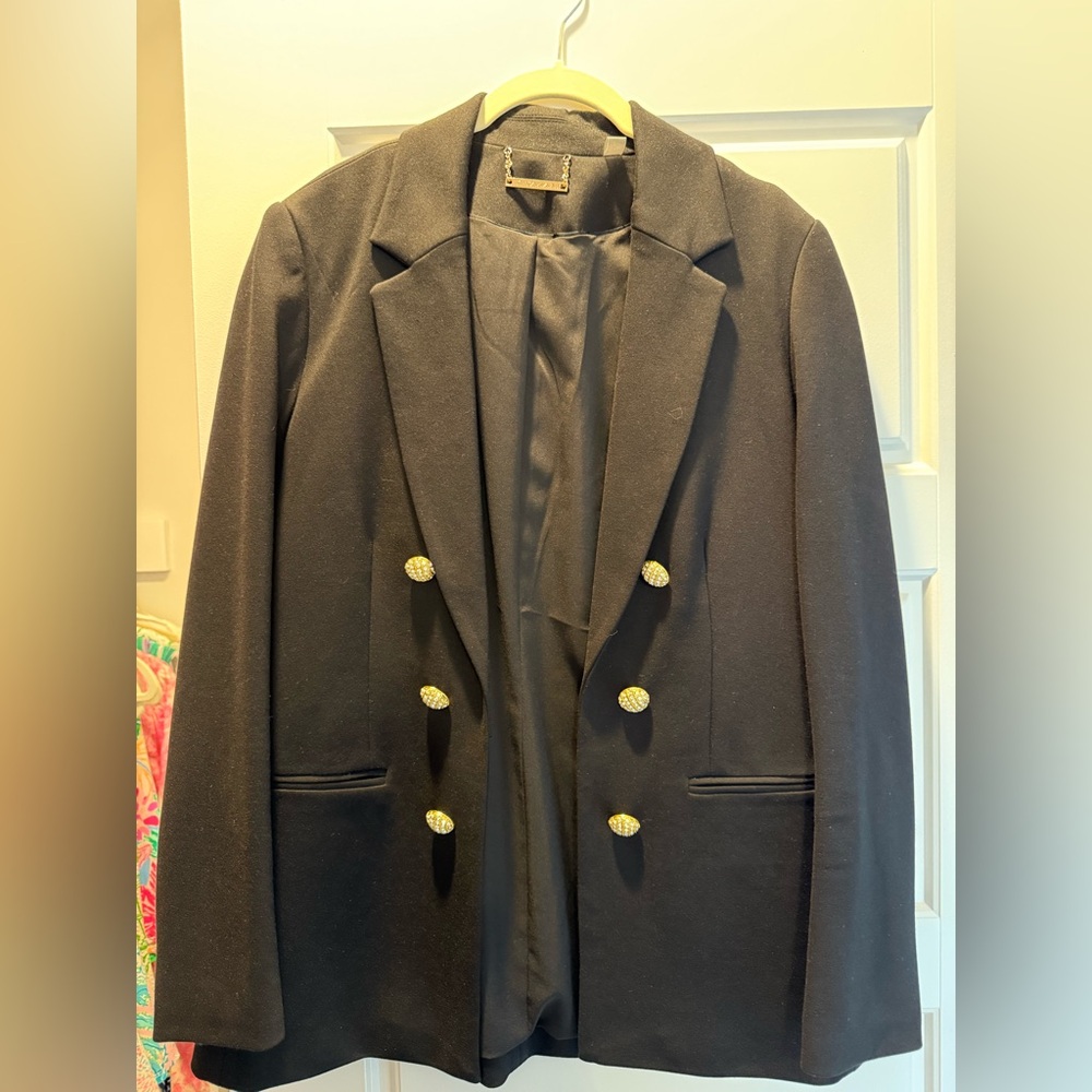 Tahari Black Double-Breasted Blazer with Gold Rhinestone Buttons